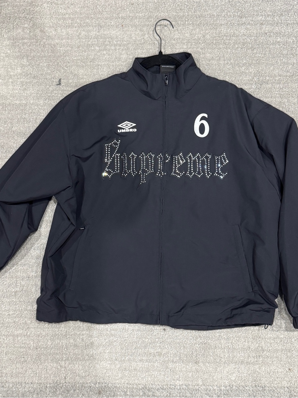 Supreme X Umbro Black Lightweight Track Jacket with Studded Logo and Number 6